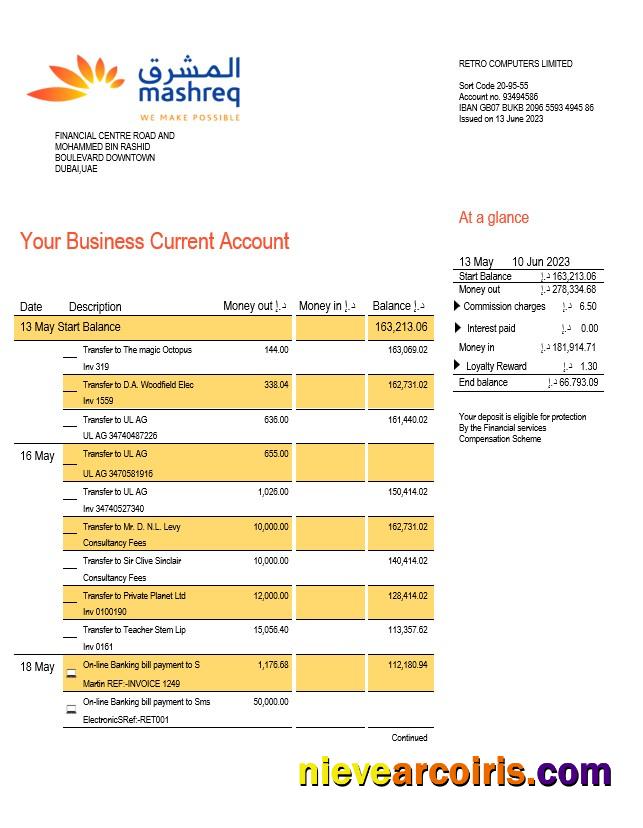 Mashreq Bank company checking account statement